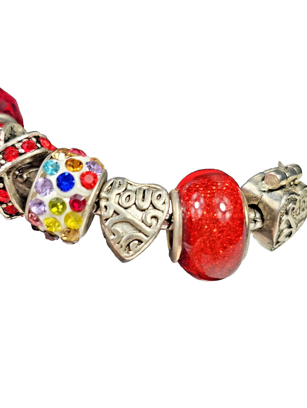 925 Charm Bracelet w 14 Charms & Safety Chain Red Love Glass, Enamel, Filigree - Picture 7 of 13